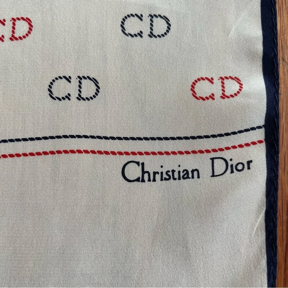 Christian Dior red and blue monogram on white silk scarf made in Italy